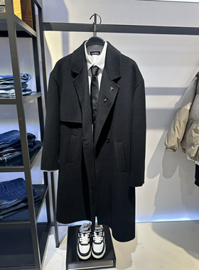 B1AAE4B01 太平鸟男装2024年冬季新款时尚宽松黑色双面羊毛呢大衣