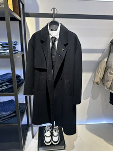 时尚 B1AAE4B01 新款 2024年冬季 宽松黑色双面羊毛呢大衣 太平鸟男装