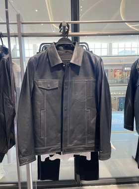 B1BDE4F01 太平鸟男装2024冬季新款黑色绵羊皮夹羽绒内胆皮衣外套