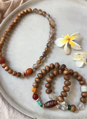 【木】沉香白水晶手串双圈原创设计天然石手链女款小众高级感手串