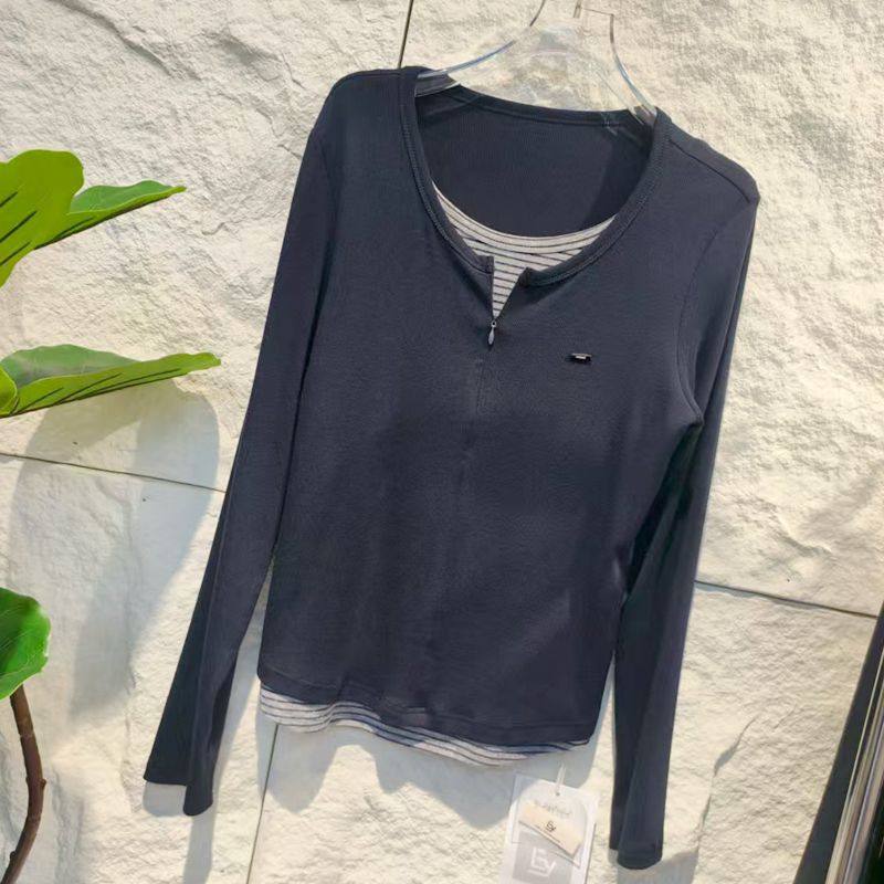 伊歌莉7362欧洲站新款圆领女装长袖T恤打底衫小衫假两件百搭时尚