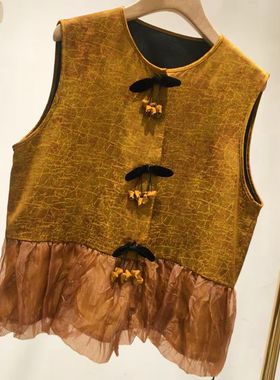 11261新款人丝拼接提花女装无袖马甲上衣新中式国风复古南油高定