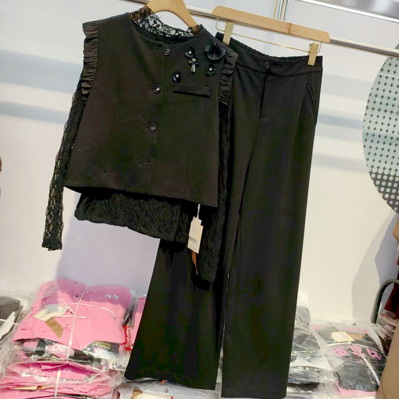 25013欧洲站新款蕾丝女装长袖马甲阔腿长款三件套装休闲时尚百搭