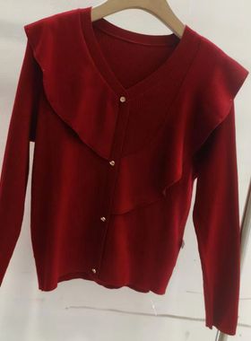 11668欧洲站新款荷叶飞飞边V领长袖女装针织打底衫小衫时尚百搭