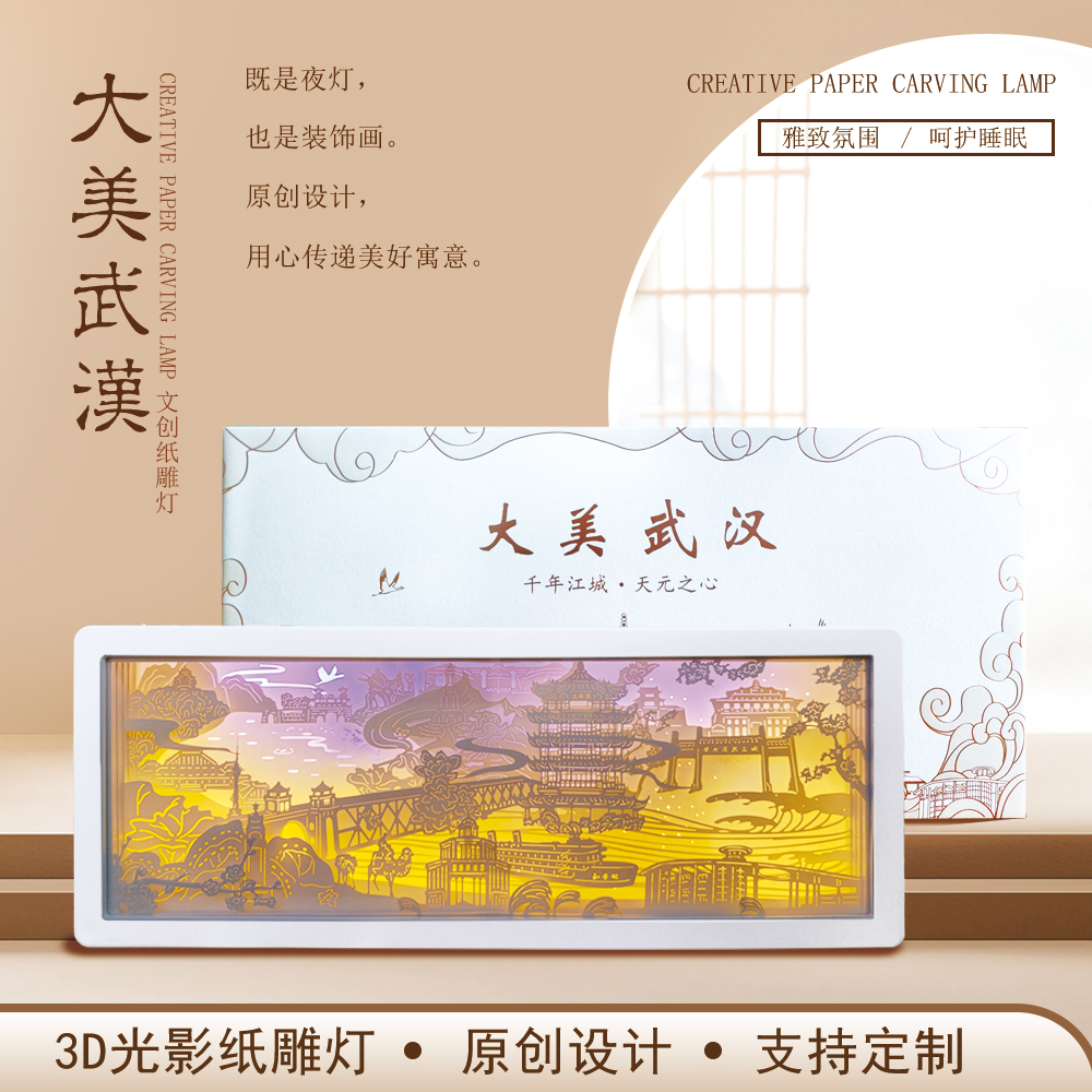 原创设计纸雕灯大美武汉中国风礼盒武汉文创送礼卧室简约创意夜灯