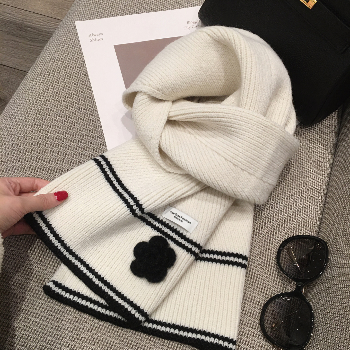 冬季新款韩国经典山茶花羊毛混纺围巾混羊毛户外保暖毛线针织围脖