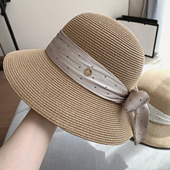 2025夏季 韩国波点丝带度假防晒草帽大帽檐草编沙滩帽大头围太阳帽