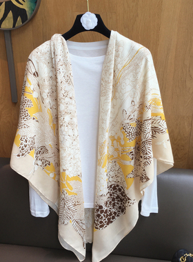 超大米色繁花旅游防晒遮阳棉麻围巾女士丝巾130cm大方巾披肩两用