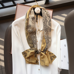 2023春秋新款韩国淡雅图腾桑蚕丝双绉丝巾女双面真丝围巾长条领巾