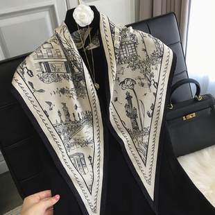 高级感巴黎街景真丝羊毛菱形巾三角巾丝巾披肩百搭领巾丝毛围巾女