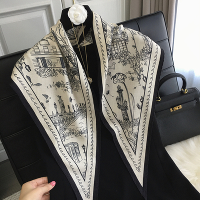 高级感巴黎街景真丝羊毛菱形巾三角巾丝巾披肩百搭领巾丝毛围巾女
