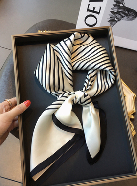 杭州丝绸100%桑蚕丝丝巾北欧简约条纹真丝围巾女70cm方巾领巾披肩