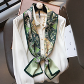 小溜家春季 百搭绿色丛林仿真丝丝巾女长条领巾绑包包飘带细窄围巾