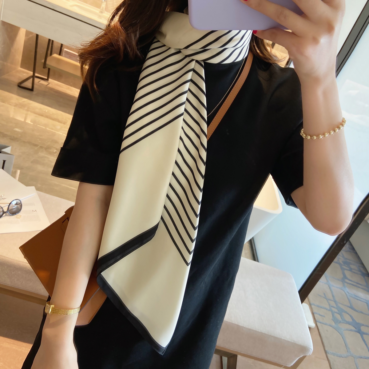 黑白条纹气质简约百搭90cm丝巾