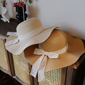 法式 2025夏季 新款 蕾丝系带波浪边防晒草帽沙滩海边遮阳草编帽子