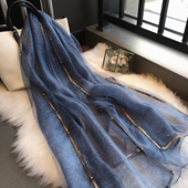 围巾女秋季 韩版 百搭纯色真丝羊毛披肩金边钉珠纱巾桑蚕丝丝巾春秋