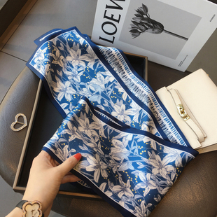 真丝围巾春季百搭暗夜蓝百合花桑蚕丝丝巾素邹缎长条漂亮装饰领巾