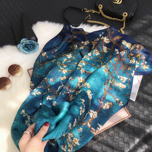 杭州丝绸珍藏传承高档优雅蓝梅花桑蚕丝真丝丝巾长款围巾披肩春秋