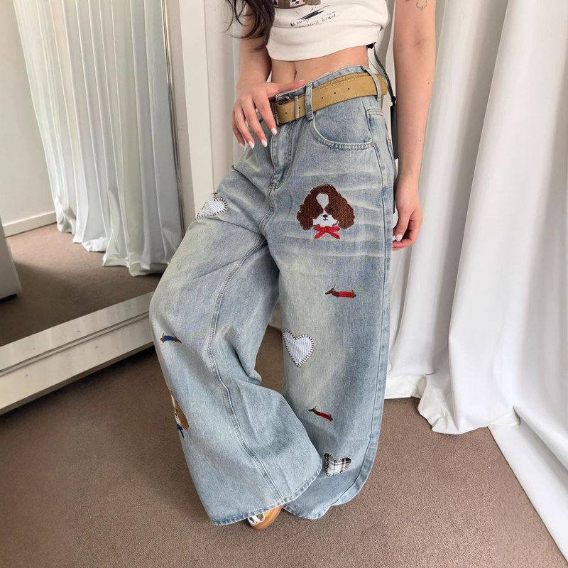 小狗牛仔裤复古KAKAM宽松子早春十三行ME 直筒裤百搭EE刺绣C0688,女装/女士精品,牛仔裤,淘宝优惠券,粉丝福利购,淘宝优惠卷