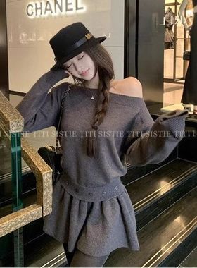 斜肩设计感慵懒气质E10286灰色长袖女冬连衣裙针织裙假日网红款