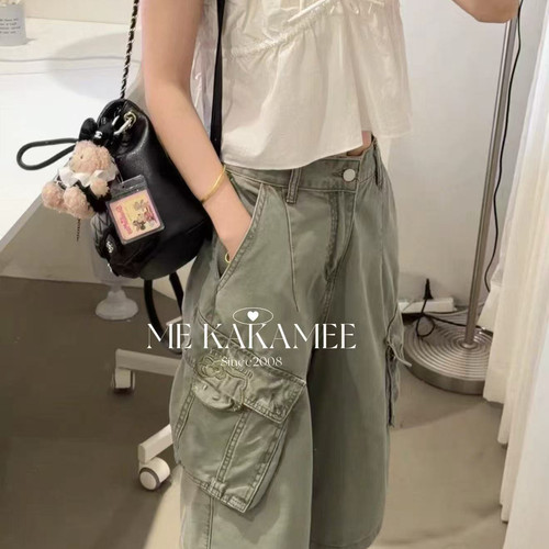 ME KAKAMEE-口袋KT设计七分工装牛仔裤(配腰带)(不含上衣)C0822#