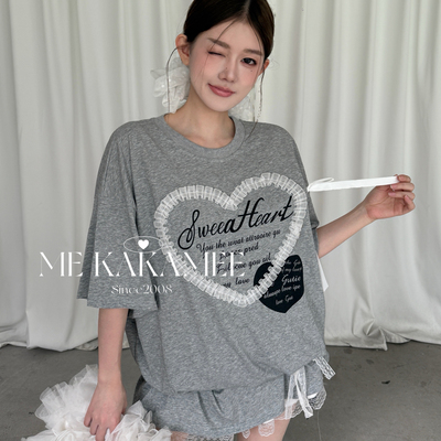 ME KAKAMEE-蕾丝爱心宽松大版雪花棉短袖T恤(不含腰包+腰链)S5162