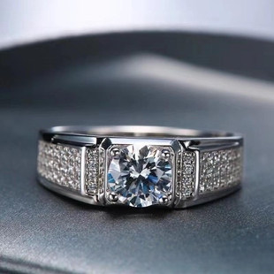 进口D色莫桑石钻戒豪镶满天星男款窄版婚戒S925银镀铂金情侣戒指