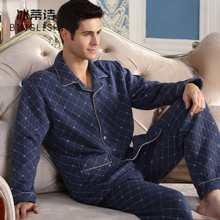 里外纯棉夹棉睡衣男士秋冬款夹层套装三层加厚爸爸装加大码家居服