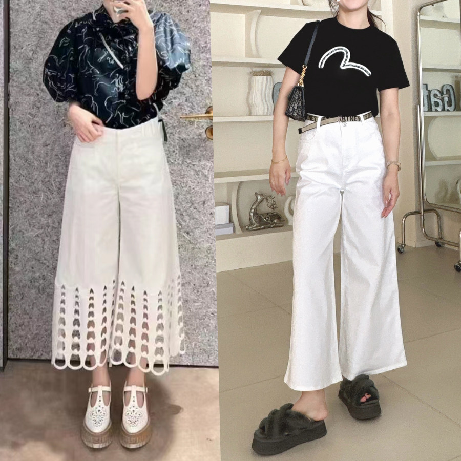 难得一遇的高端白牛 欧美高奢SMC醇元 高腰阔腿白色牛仔裤字母腰
