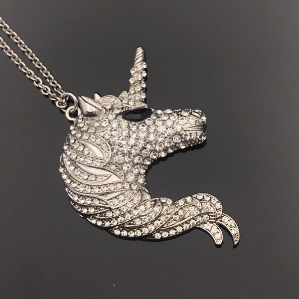 欧美时尚外贸特色潮人原宿风镀银合金镶嵌水钻大独角兽头项链男女