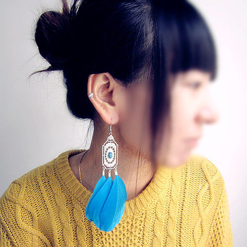 欧美耳环镀银羽毛民族风松石女特