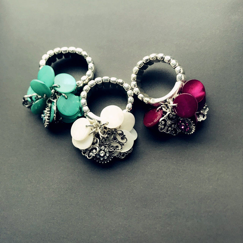 欧美时尚外贸个性天然贝壳流苏弹力松紧民族风文艺特色食指戒指特