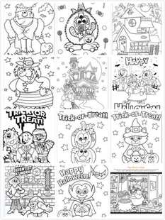 万圣节吃糖小怪物闹鬼的房子木乃伊南瓜黑猫黑白描线纸质涂色卡