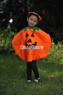 网红包邮万圣节橙黄色造型南瓜披风外套绿蒂南瓜帽/柔软棉2件套