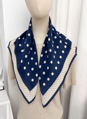 新款蓝色波点丝巾65cm双绉清新时尚简约桑蚕丝正方巾外出简约精致