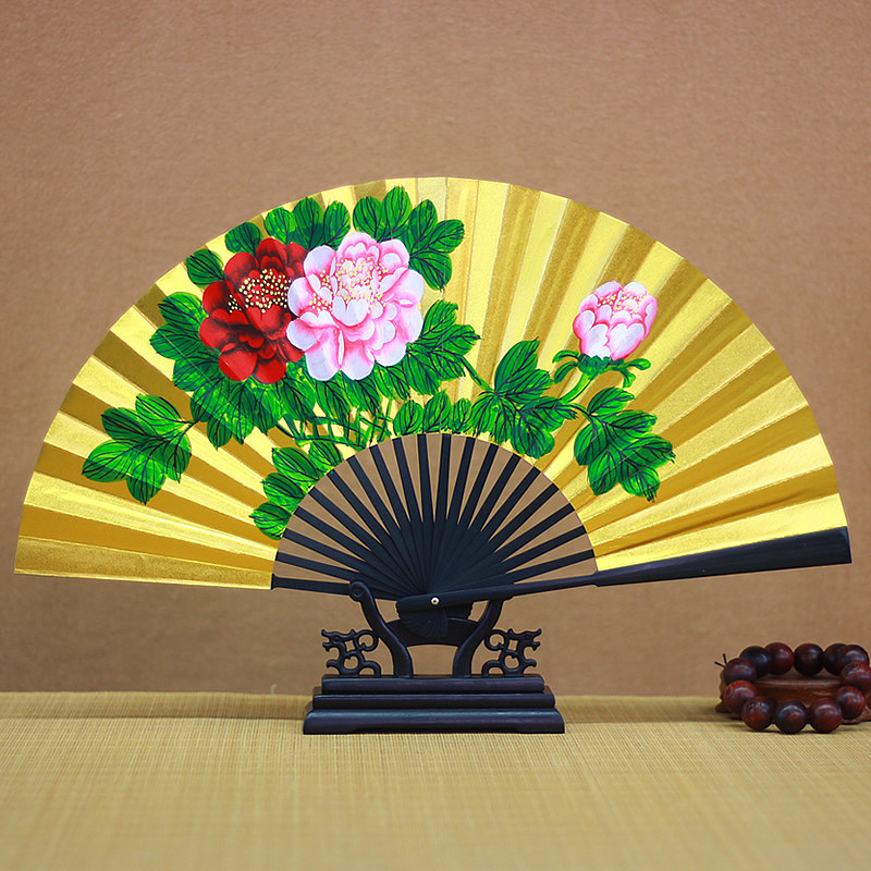 新品中国风10寸手绘金面扇子戏曲京剧贵妃醉酒男式舞蹈折扇牡丹图