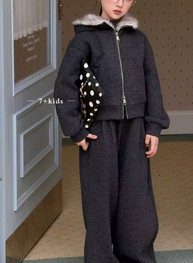 7+kids2025冬新款女童加绒加厚套装儿童洋气连帽外套阔腿裤65122