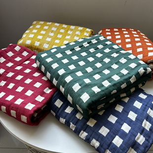 老外订单剩余纯棉小盖毯枕巾浴巾毛巾吸水性好小格子有微瑕