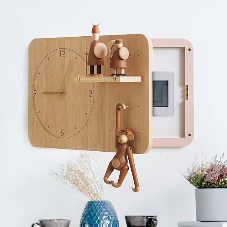 洞洞板电表箱遮挡装饰画带挂钟表现代简约免打孔创意置物架客厅钟