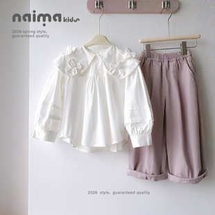 女童衬衣春款2026新款韩版洋气中大儿童装女孩纯棉娃娃领长袖上衣