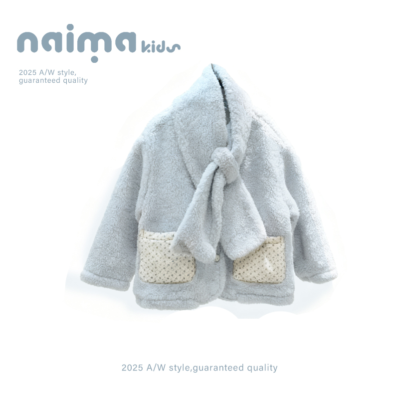 女童毛毛外套蓝色围脖款2025女孩甜美儿童时髦棉服