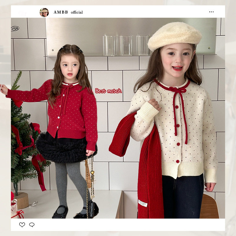 圣诞新年款~女童宝宝韩版甜美波点蝴蝶结绵羊绒针织开衫毛衣外套