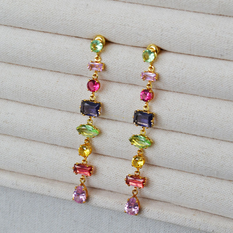日韩缤纷夏日几何拼接彩色糖果玻璃甜美可爱长款s925银针耳钉耳饰