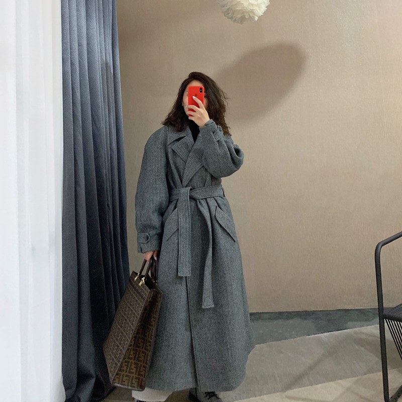 高定羊毛呢大衣人字纹超长款驼绒