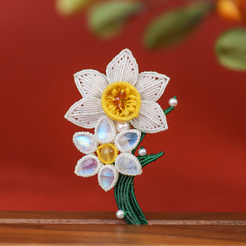 栖石原创设计中级编绳教程自然风格花卉凌波水仙编绳胸针饰品