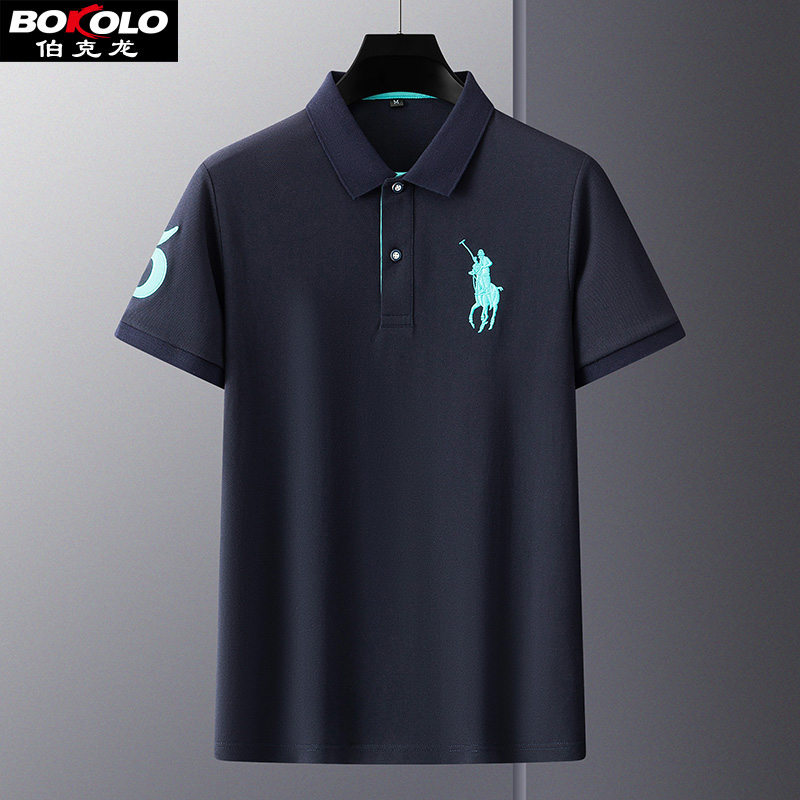 Mercerized cotton anti wrinkle short sleeved polo shirt mens Lapel print green middle-aged Polo casual Paul T-shirt youth