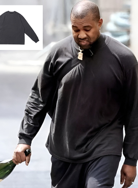 重磅Kanye 侃爷同款深灰色长袖T恤打底小领口高街嘻哈纯棉