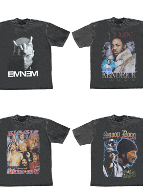 Eminem kendrick lamar 马龙 JayZ人像短袖阿姆重磅t恤嘻哈宽松