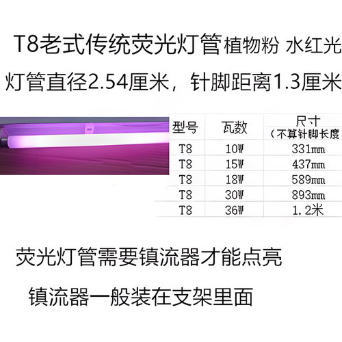 T5 T8 老式传统荧光灯管照明补光花草水草仿太阳光纯植物粉红水红