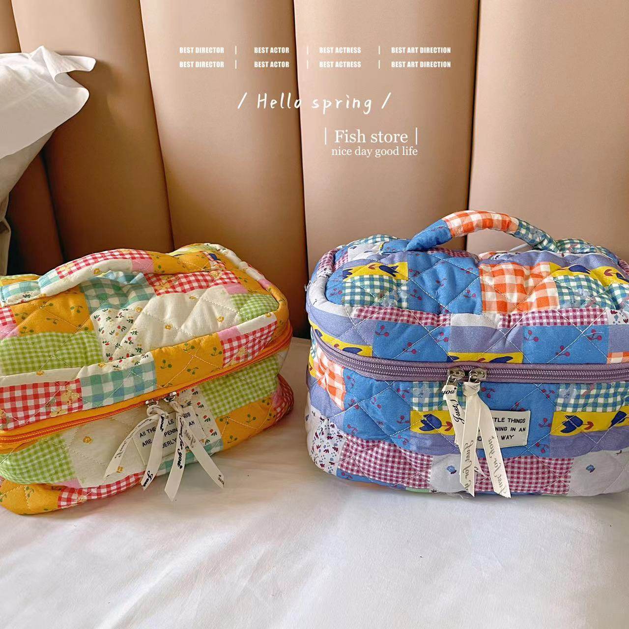 *Fish store*夏日花朵拼布化妆包手提包拉链包收纳包大容量洗漱包,收纳整理,其他收纳袋,淘宝优惠券,粉丝福利购,淘宝优惠卷